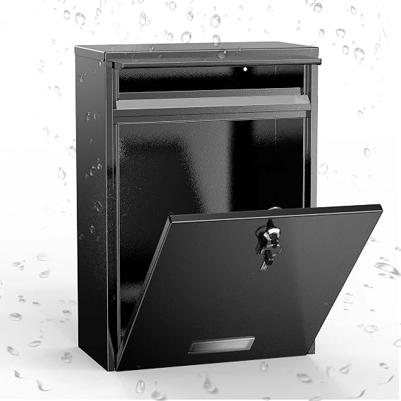 Wall Mounted Locking Mailbox for Outside, Heavy Duty Steel Black
