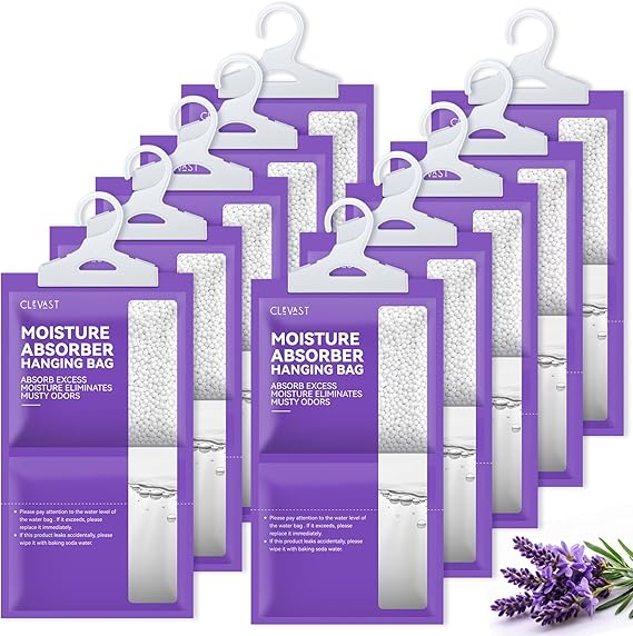 CLEVAST Dehumidifier 10 Pack Lavender Scented Hanging Moisture Absorber Anti Mould for Wardrobe Caravan Basement Bathroom