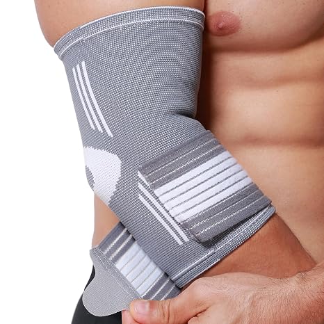 Neotech Care Elbow Brace Support Sleeve - Elastic & Breathable Fabric - Adjustable Compression Strap/Band - For Men, Women, Right or Left Arm (Grey Colour, Size L, 1 Unit)