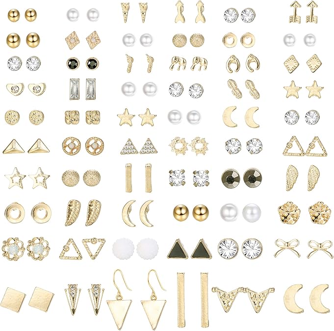 ORAZIO 60 Pairs Gold Stud Earrings Set for Women Multipack, Trendy Hypoallergenic Cubic Zirconia Multiple Piercings Earrings Packs, Gold Earrings for Women Jewelry Gift