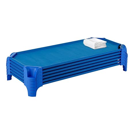 Sprogs Deluxe Heavy-Duty Childrens Standard 52"L Stackable Daycare Cot with Easy Lift Corners Cots for Preschool Kids Sleeping, Resting, and Naptime, SPG-16137CS-18PK, Blue (Pack of 18 Cots/18 Sheets)