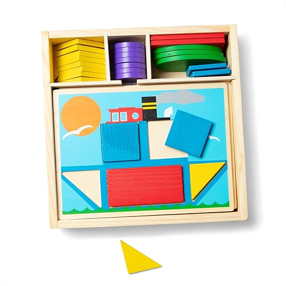 Melissa & Doug Beginner Wooden Pattern Blocks Educational Toy (5 Double-Sided Scenes and 30 Shapes, Great Gift for Girls and Boys - Best for 3, 4, and 5 Year Olds)