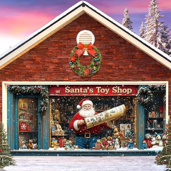 Christmas Garage Door Cover Decorations 7x16ft Polyester Santa's Toy Shop Garage Door Cover Banner for Family Holiday New Year Winter Party Holiday Outdoor Wall Decor