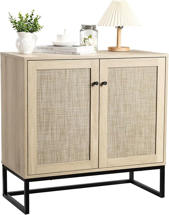 Rattan Sideboard Chest of Drawers with 2 Rattan Doors Kitchen Cabinet Buffet with Adjustable Shelves Wooden Side Cabinet Storage Cabinet for Kitchen Living Room 80 x 38 x 78 cm