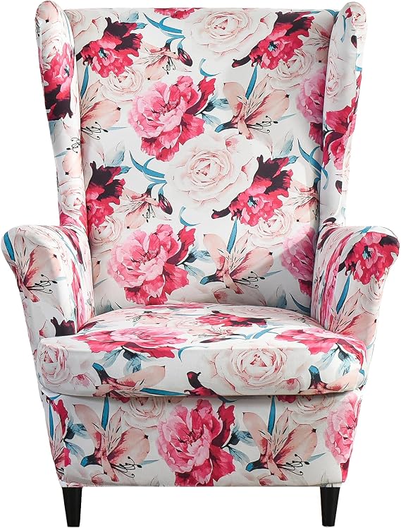 Wing Chair Slipcovers, 2 Pieces Print Wingback Chair Cover Stretch Spandex Armchair Slipcovers for Living Room Bedroom (Pink)