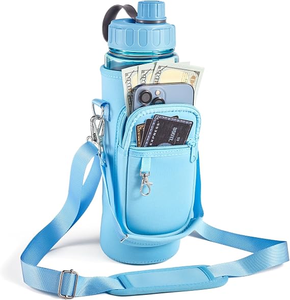 Water Bottle Holder with Strap,Water Bottle Bag,32/40 oz Large Capacity,Adjustable Shoulder Hand Strap,2 Phone Pocket Water Bottle Holder,Water Bottle Accessories for Camping Running Walking