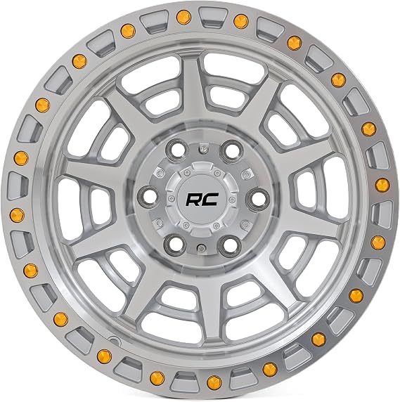 Rough Country 82 Series 17x9 Off-Road Wheel - 5x4.5" Bolt Pattern, 12mm Offset, Full Machined Aluminum with 8-Spoke Design & Simulated Beadlock Gold Hardware