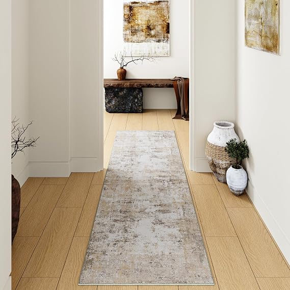 HUGEAR Washable Hallway Runner Rug 60x240cm Beige Grey Long Carpet Runners | Washable Non Slip Hallway Runner,Abstract Modern,for Kitchen,Hall Runners,Bedroom,Lounge,Indoor Low Pile
