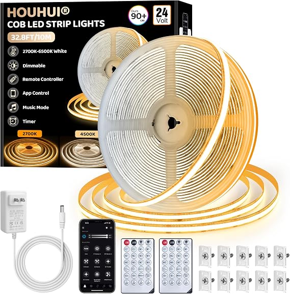 White COB LED Strip Lights 32.8Ft, 2700K-6500K CCT Tunable White Light Strip with Remote & App Control, CRI90+ 24V Dimmable Bright LED Tape Lights for Bedroom Under Cabinet Kitchen DIY Lighting
