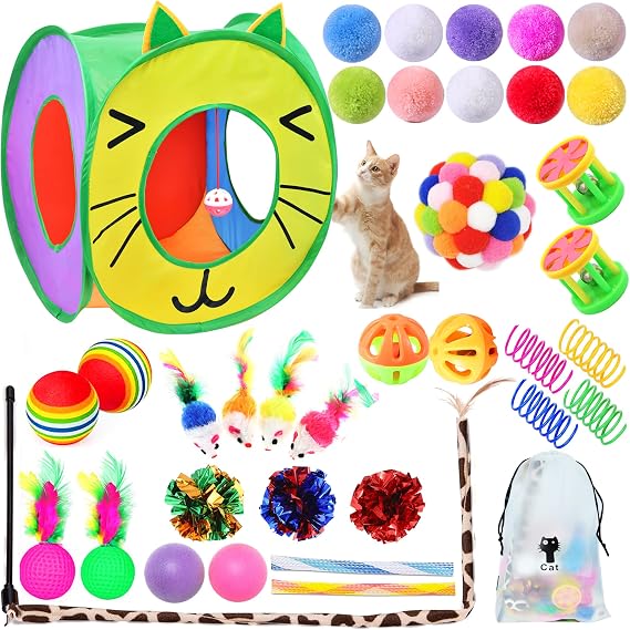 Cat Toys Interactive 37Pcs Set - Feather Toys, Kitten Tunnel, Mice, Mouse Wand, Springs, Teaser Toys for Indoor Cats and Kitties (1#)