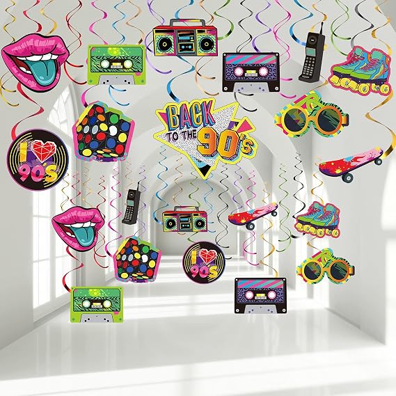 30 Pieces 90s Theme Decorations, Colorful 1990's Hip Hop Throwback Birthday Hanging Swirls Ceiling Decor for Rock Hippie 90s Disco Retro Party Supplies