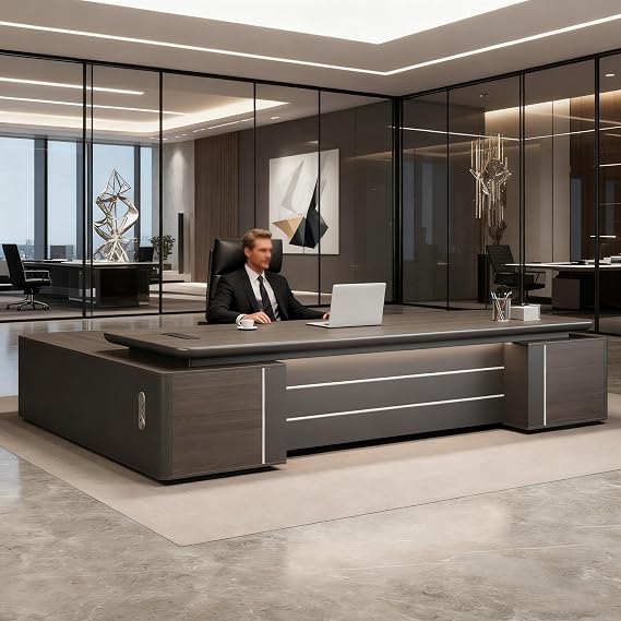 L Shaped Executive Desk with Drawers & Storage, Modern Executive Office Desk with Aluminum Alloy Inlaid Curved Surface, Management Working Table for Home & Office Furniture (A - Right, L 200cm/78.7in)