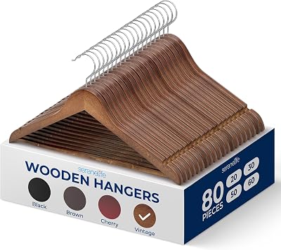 SereneLife 80 Solid Wooden Hangers Heavy Duty Closet Organizer Vintage Natural Color Chrome 360 Swivel Hook Notched Design Holds Dresses Jackets Pants Suits 10 lbs Capacity