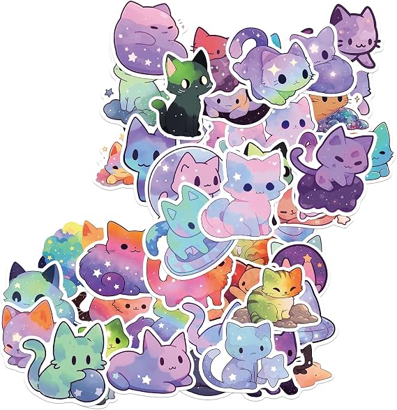 50 Pieces Kawaii Starry Sky Cat Stickers Cute Animal Cat Stickers Aesthetic Decals Waterproof Vinyl Stickers for Computer Laptop Scrapbooking Planner Diaries