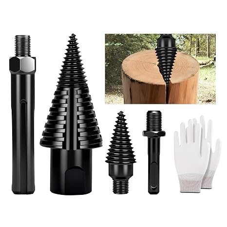 6pcs Premium Firewood Log Splitter Drill Bit Set with Detachable Design, 50mm Heavy Duty Wood Splitting Screw Cone - 2 Replaceable Drill bits & Gloves, for Electric Drill, Kindling Splitter