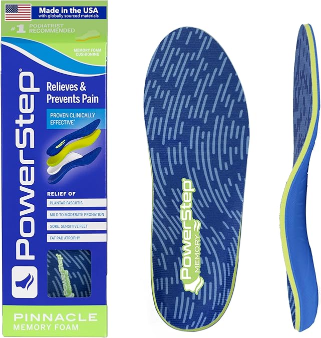 PowerStep Pinnacle Memory Foam Orthotics Insoles, Heel and Arch Support, Plantar Fasciitis Relief, Mild Pronation, Fat Pad Atrophy, Cushioned Orthotics for Men and Women, Made in the USA