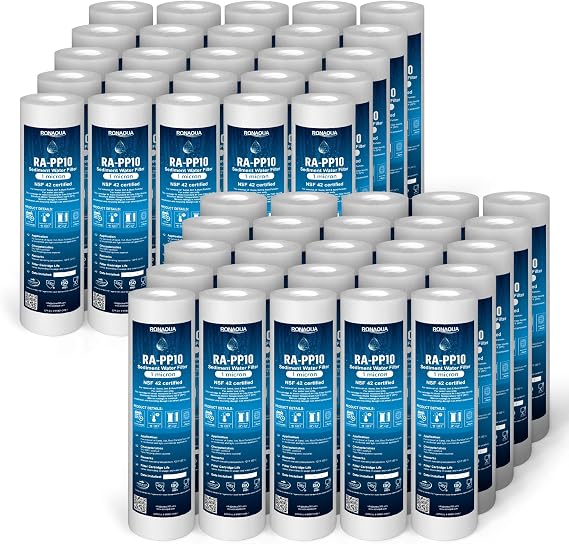 Ronaqua 1 Micron Sediment Water Filter Cartridge 10"x2.5", NSF Certified, 4-Layer Filtration for any 10-inch RO Units & Whole House Systems, Compatible with Culligan P5, AP110, WHKF-GD05, 50 Pack