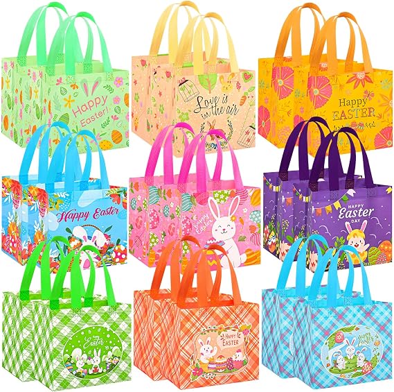 18 Stück Ostertüten Geschenktüten Kinder mit Griffen Wiederverwendbare Geschenktüten Ostern Eiersuche Non-Woven Ostertüten zum Befüllen Verpacken Partyzubehör (J)