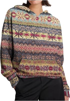 Womens Fair Isle Knit Hoodies Oversized Long Sleeve Sweaters with Pockets Retro Winter Trendy Casual Sweatshirts