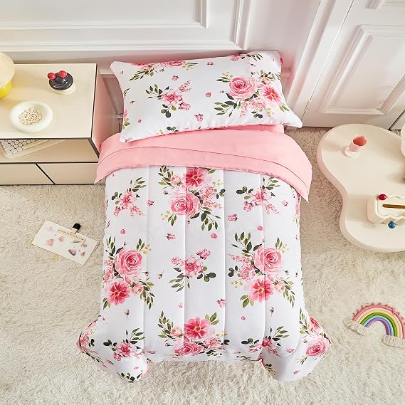 Flower Toddler Bedding Set for Girls 4 Pieces White Floral Toddler Bed Set with Pink Roses and Green Leaves - Includes Quilted Warm Comforter, Pink Fitted Sheet, Top Sheet, and Pillow Case