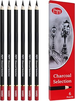 Pepy Professional Hard Charcoal Pencil Set – Set of 6 Pre-Sharpened Black Charcoal Pencils; Perfect for Drawing, Sketching, Blending and Shading