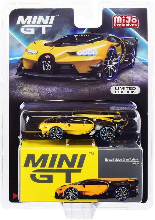 MINI GT Bugatti Vision Gran Turismo Yellow and Carbon 1/64 Diecast Model Car by True Scale Miniatures MGT00317