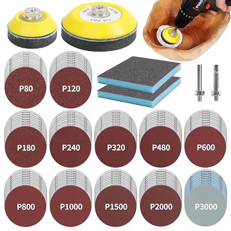 Pomsare 120pcs 3inch Sanding Discs with 2 & 3inch Backer Pads and Sanding Sponge Sander for Drill Grinder Rotary Tools Attachment with 1/4" Shanks, SandingPads 80-3000 Grit