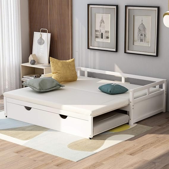Daybed with Trundle, Twin to King Design Sofa Bed, Wooden Extendable Bed Daybed for Bedroom Living Room, White