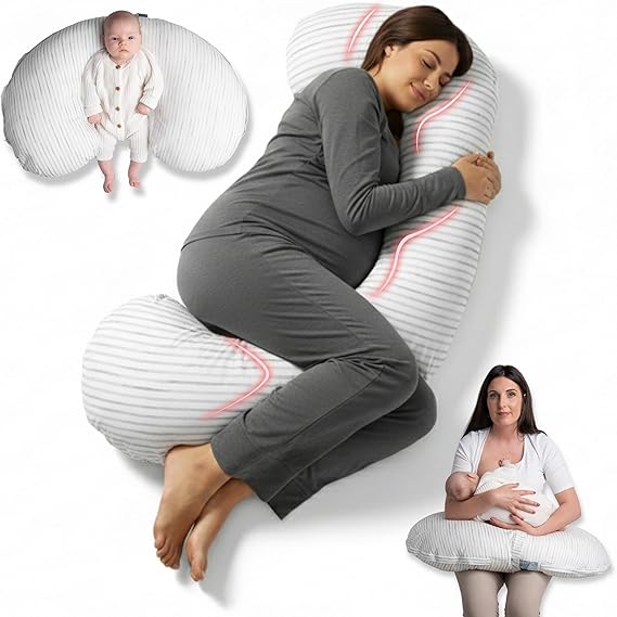 BellaMoon 3 in 1 Pregnancy Pillow – Full Body Pillow Support for Pregnant Women - Adjustable C Shaped Pregnancy Pillows for Sleeping, Nursing & Baby Lounger - Washable Organic Cotton Cover