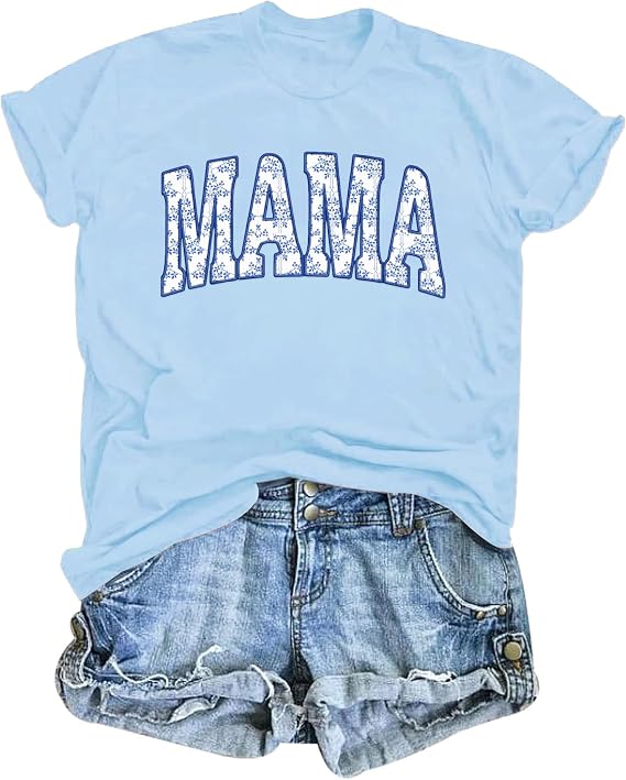 Mama Shirts for Women Mama Floral Embroidered Casual Short Sleeve Tees | Soft Lightweight Fabric, Mama Embroidered Graphic Tee, Casual Daily Outfit, Sweet Holiday Gift for Mom