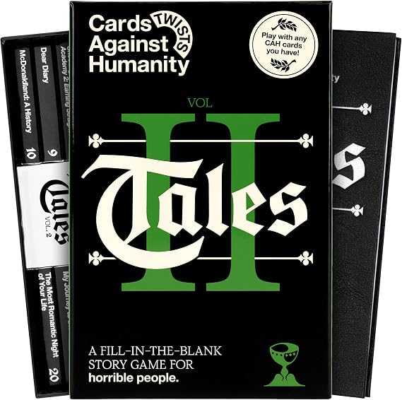 Tales by Cards Against Humanity A Fill-in-The-Blank Story Game Vol. 2 | 20 replayable fill-in-the-blank stories in a leatherbound book. Use CAH cards to fill the blanks. "Better than Mad Libs" God