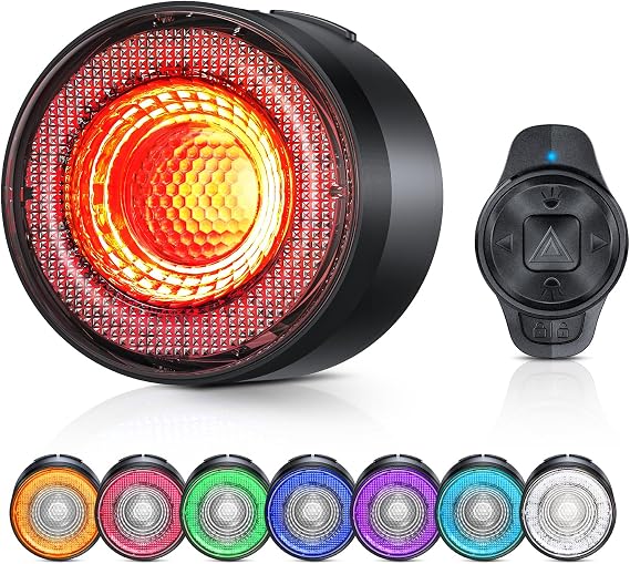 ONVIAN Colorful Bike Tail Light with Turn Signals, USB Rechargeable Bike Brake Light with Wireless Remote, 15 Light Modes 7 Colors Waterproof Cycling Safety Light for Adults Kids Road Mountain