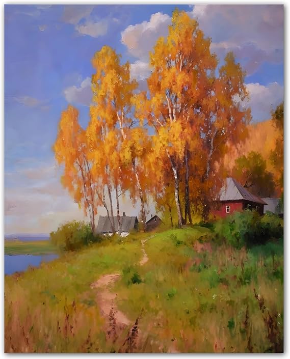 ZUKIY Golden Trees by the Shore - 8x10 Unframed Fall Tree Wall Art Print - Vintage Inspired Autumn Wall Art for Living Room Bedroom Hallway Office or Entryway - Warm Seasonal Decor Poster