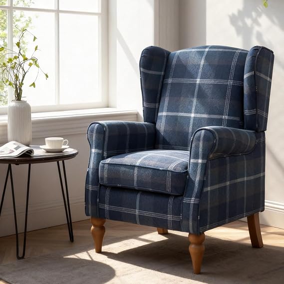 Retro Accent Chair, Wingback Tartan Armchair Soft Padded, Retro Check Leisure Chair, Fabric Lounge Padded Sofa Chair for Living Room Bedroom - Blue