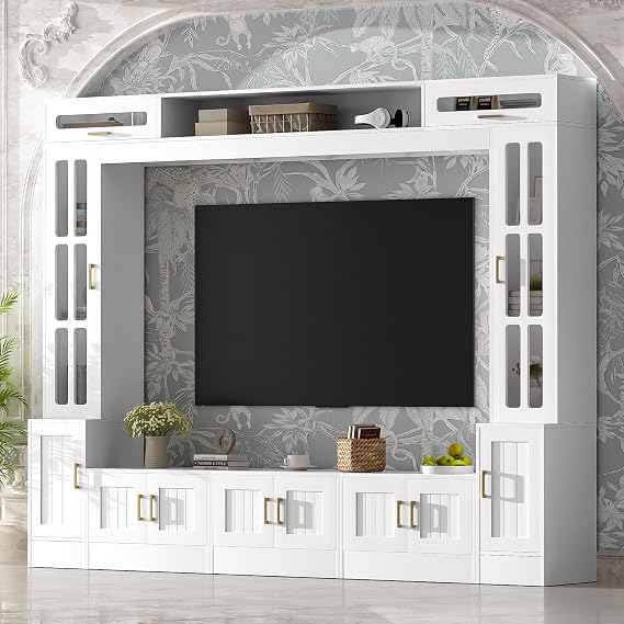 98.4" W Wall Unit Entertainment Center with Bookshelves for TVs up to 80",TV Stand Media Console with Cabinets,Tempered Glass Doors and Adjustable Shelves (White/B)