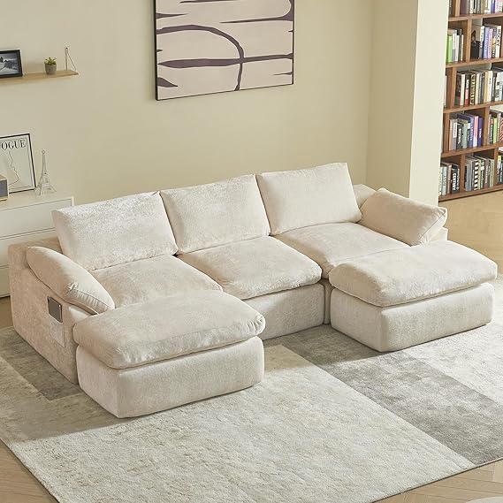 Vamcheer U Shaped Corner Modular Sofa - 34 Seater Sectional Boneless Couch with Memory Foam Seating & Movable Footstool, Compression Sofa No Assembly Required for Living Room, Beige