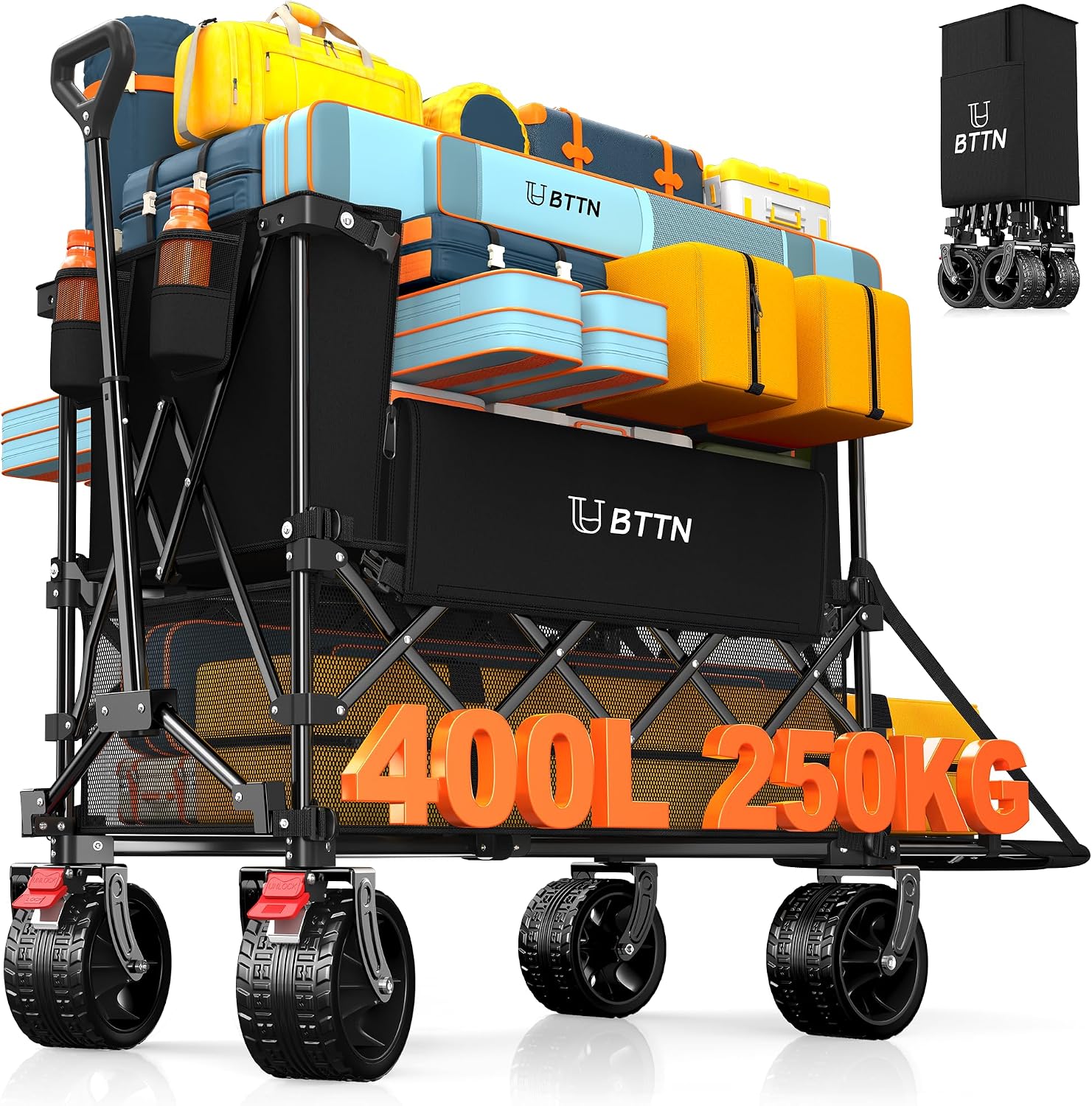 BTTN 400L Double Decker Folding Festival Trolley, 250kg Heavy Duty Extra Long Wagon with Tailgate, Big All-Terrain Wheels with Brakes, Large Utility Cart for Camping, Sports & Shopping, Black