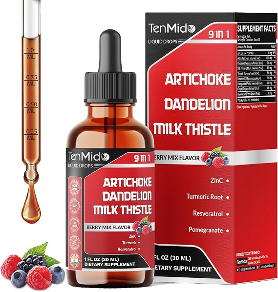 Artichoke Extract Liquid Drops - 9in1 Herbal Supplements Liquid with Zinc, Dandelion, Milk Thistle, Turmeric, Resveratrol, Pomegranate, Ginger, and Black Pepper - 30ml 1Fl Oz