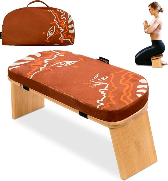 Zaveur Bamboo Meditation Bench with Cushion - Foldable Bench for Multiple Seating Angles - Kneeling Chair Meditation Stool - Yoga Chair Prayer Bench for Deeper and Longer Meditation - Brown