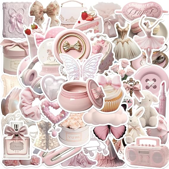 Pink Sticker Set of 50 Waterproof Girlie Style Stickers for Laptop MacBook Bicycle Snowboard Suitcase Scrapbook Skateboard Kawaii Sticker for Girls and Women