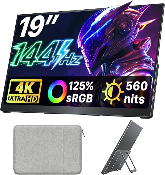 Upperizon Portable Monitor 19 inch 4K UHD 3840X2160 125% sRGB 144Hz HDR HDMI USB-C Travel Monitor for Laptop MacBook PC Surface Xbox, Large External Display with Kickstand & Speakers, VESA Compatible