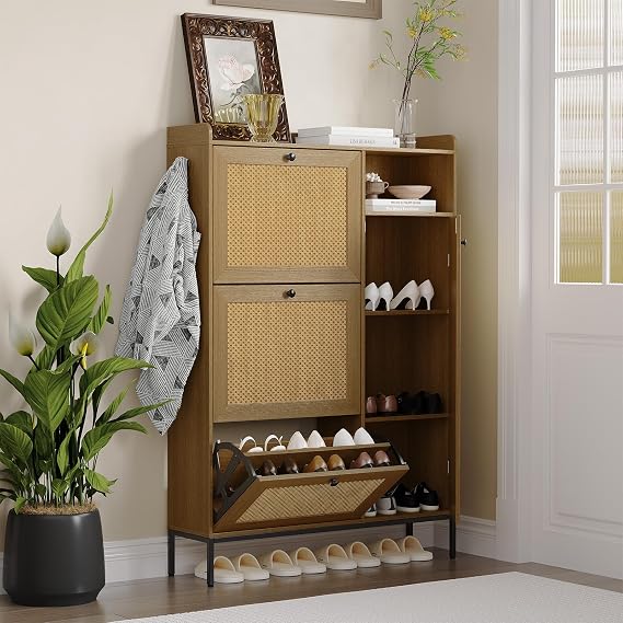 Takywep Natural Rattan Shoe Cabinet with 3 Turnover Drawers, Slim Freestanding Entryway Shoe Rack with Adjustable Shelves for Hallway, Closet Storage