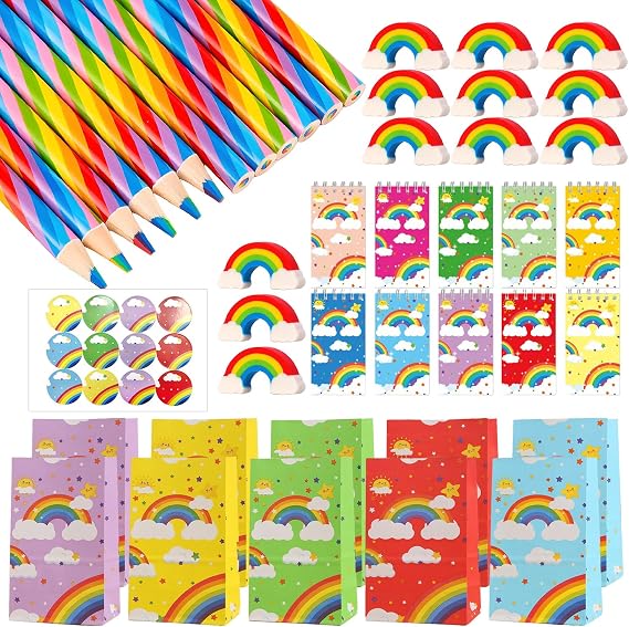 Pack of 45 Rainbow Theme Set 12 Multicoloured Rainbow Pens Including Rainbow Pencils Rainbow Eraser Notebooks Paper Bags Colourful and Stickers Suitable for Festivals Party and Art Painting