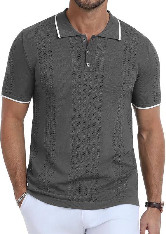 KUYIGO Mens Hollow Out Knit Polo Shirts Short Sleeve Textured Casual Shirt