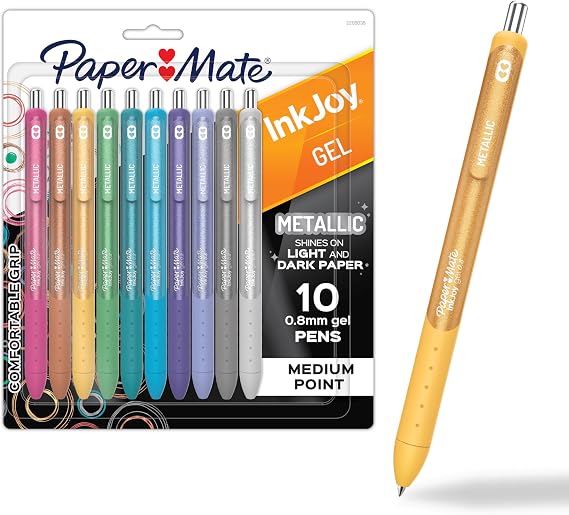 Paper Mate InkJoy Gel Pens, Metallic, Retractable, Medium Point (0.8mm), Glittery Assorted Colors, 10 Count - Arts & Crafts, Doodling, Writing, Bullet Journaling