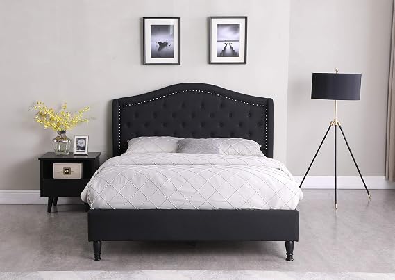 HomeLife Black Cloth Linen Curved Hand Diamond Tufted and Nailed 51" Tall Headboard Platform Bed with Slats Full- 013