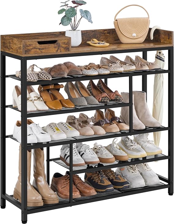 Yaheetech Shoe Rack, 6-Tier Shoe Storage Shelves, Free Standing Shoe Organizer with Storage Box, Shoe Cabinet for Entryway, Doorway, Rustic Brown and Black