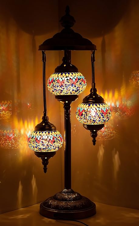 Marrakech 3 Globes Turkish Mosaic Table Lamp Moroccan Lanterns Tiffany Style Stained Glass Bedside Lamp Handmade Antique Bohemian Decorative Lamp for Living Room. (2)