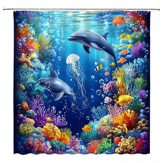 GCTNBJL Underwater World Shower Curtain Ocean Animal Dolphin Iellyfish Tropical Fish Coral Sea Landscape Blue Bathroom Home Curtain with Hooks,70x70 Inch