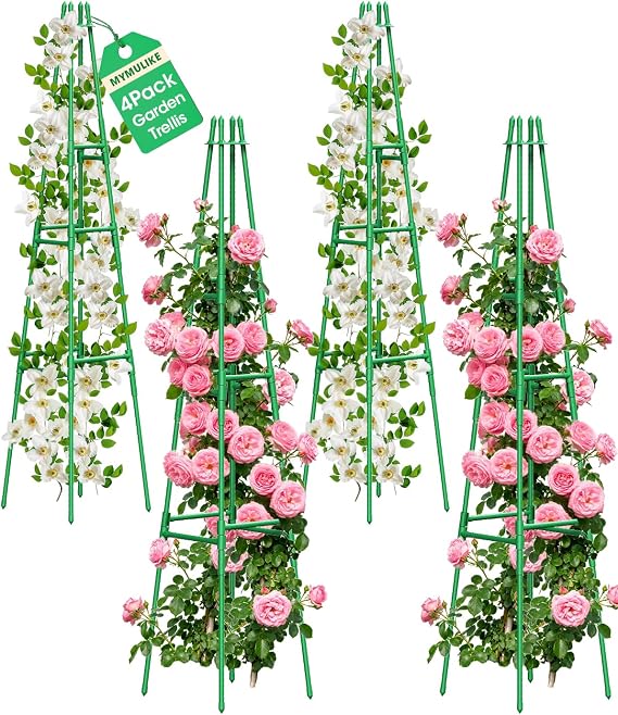 MYMULIKE 4 Pack Garden Trellis for Climbing Plants Outdoor, 6FT Plant Trellis Support for Climbing Vine, Plant Support Tower Cages Plastic Coated Metal Pipe Supports for Outdoor Indoor,Tomato cage